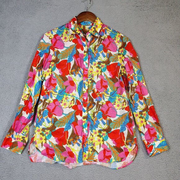 J McLaughlin Top Women's XS Pink Floral 100% Linen Button-Up Coastal Core Travel - Picture 1 of 11